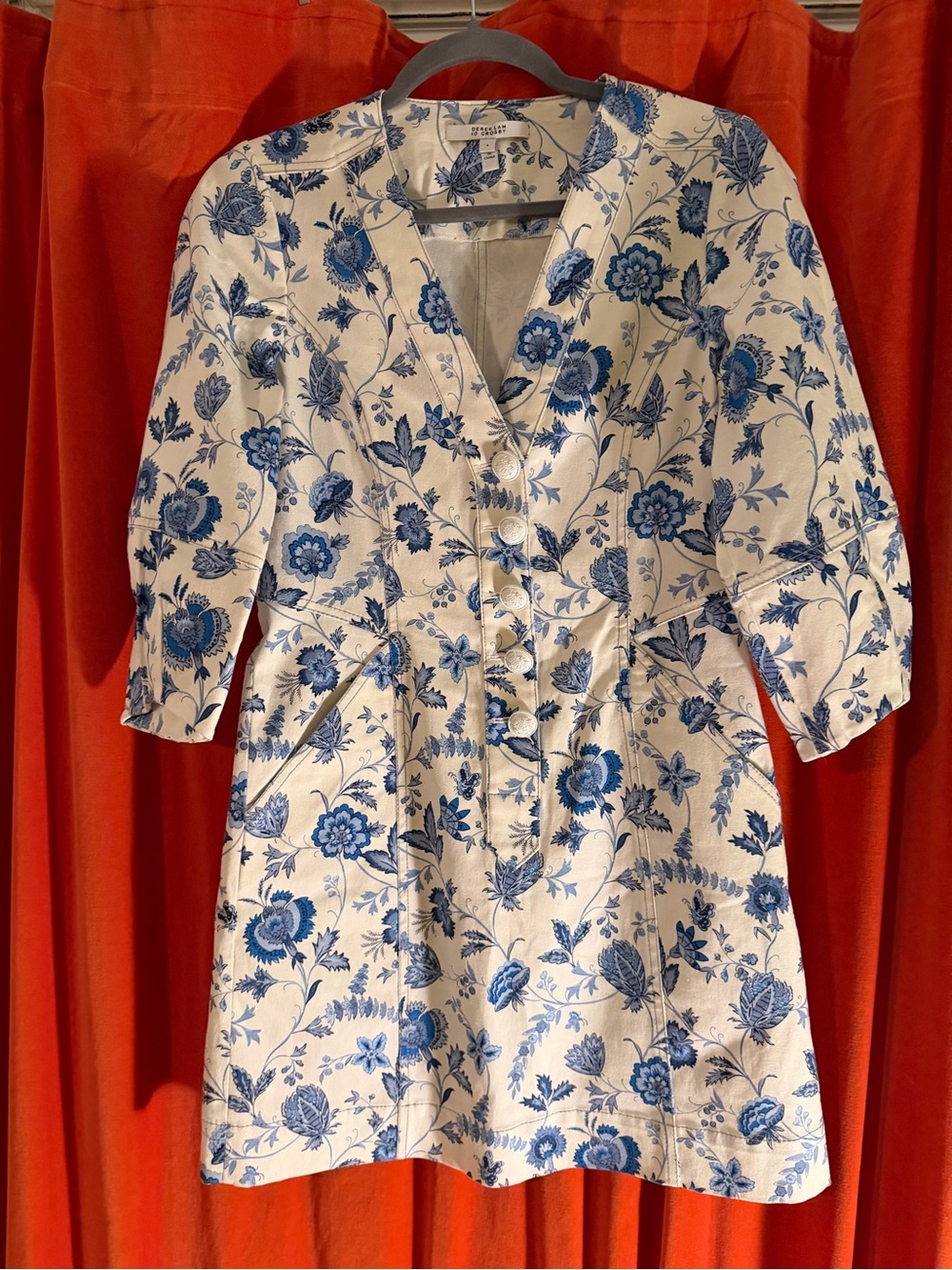 Phillip limBlue Floral V-Neck Button Front Women’s Dress